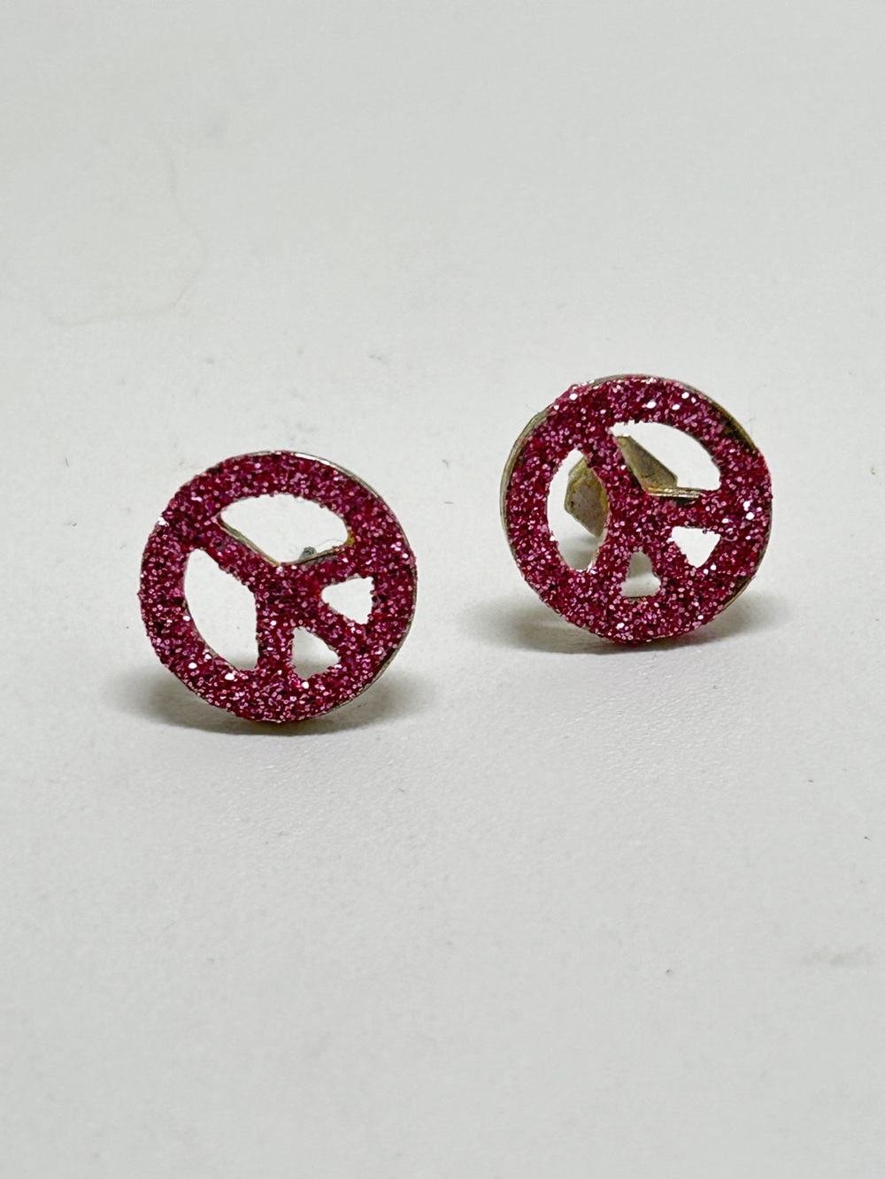 Sparkly Silver And Pink Peace Sign Earrings, Studs